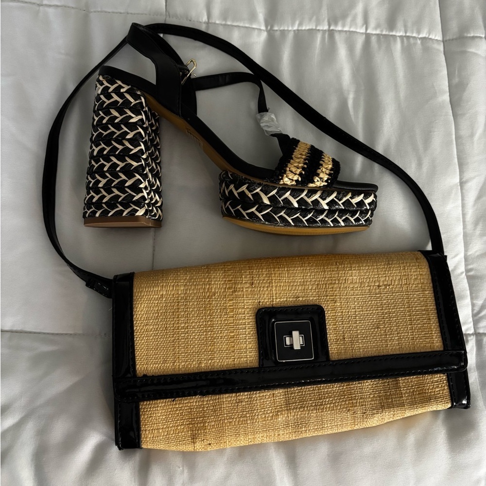 Black and Tan Woven Platform Sandals with Matching Clutch - Picture 2 of 5